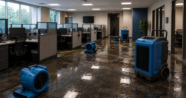 Commercial call center water damage cleanup with wet carpet drying equipment, dehumidifiers