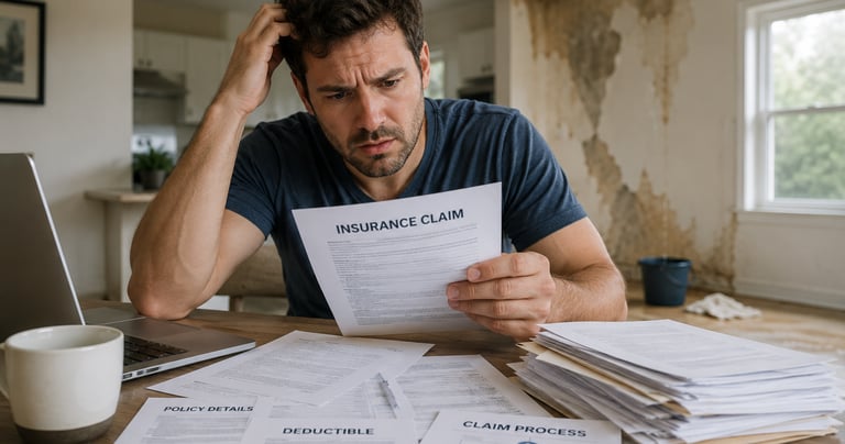 Homeowner reviewing confusing water damage insurance paperwork