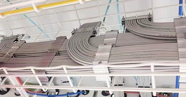 un grand chemin de câbles en fil métallique avec un tas de câbles