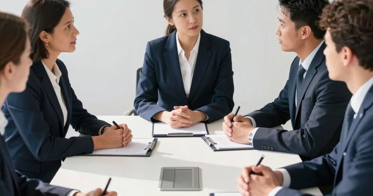 A collaborative legal workshop in Jamaica, professional legal assistants engaged in discussion around a modern conference table, bright natural daylight, soft shadows.