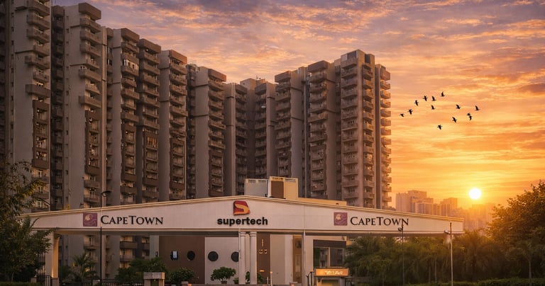 Supertech Cape Town luxury apartments in Noida at sunset with birds flying over the entrance gate.