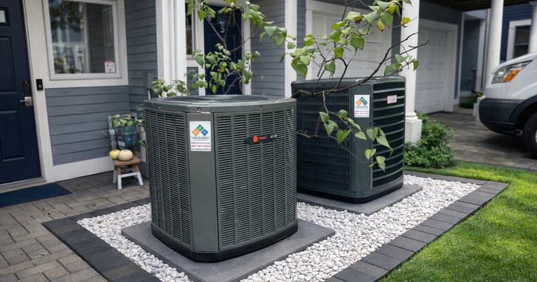 Two outdoor condensers and stone gravel installed by Northshore HVAC Services 