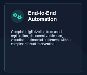 Icon of gears next to text describing end-to-end automation for asset registration and financial settlement.