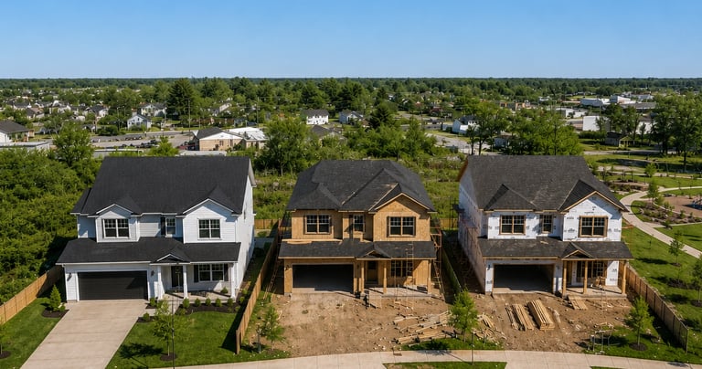 Aerial view of three new construction homes in a suburban neighborhood, ranging from framed to finished.