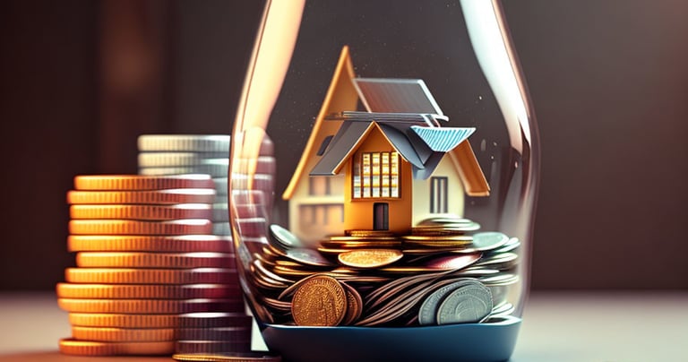 a glass jar with coins and a house in the background. FHSA, First Home Savings Account
