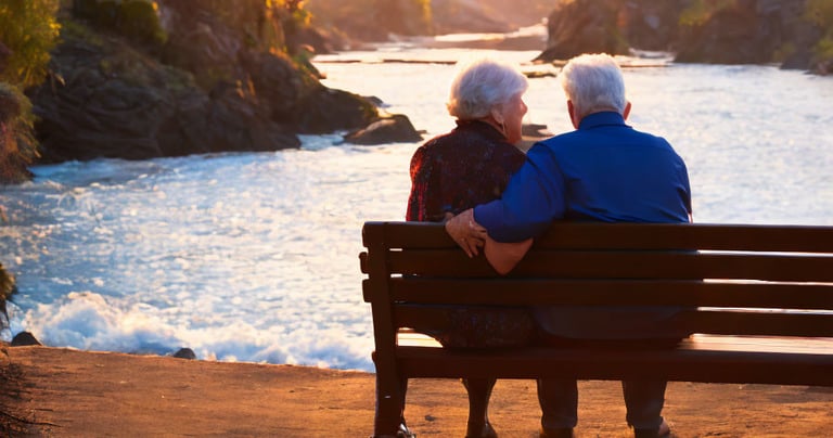 a couple sitting on a bench in front of a river. RRSP Account. Retirement Planning