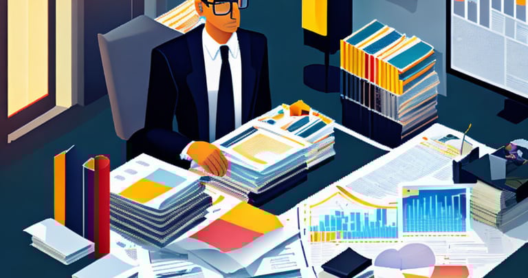 a man in a suit and tie is sitting at a desk with filing taxes for TWC Financial clients