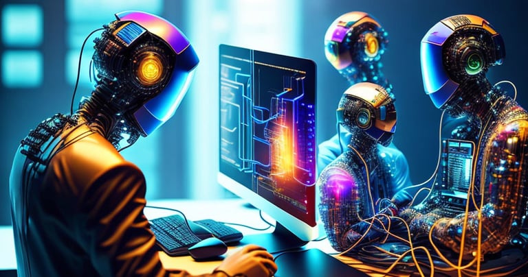 a man in a suit and a robot suit sitting at a computer technology services TWC Financial