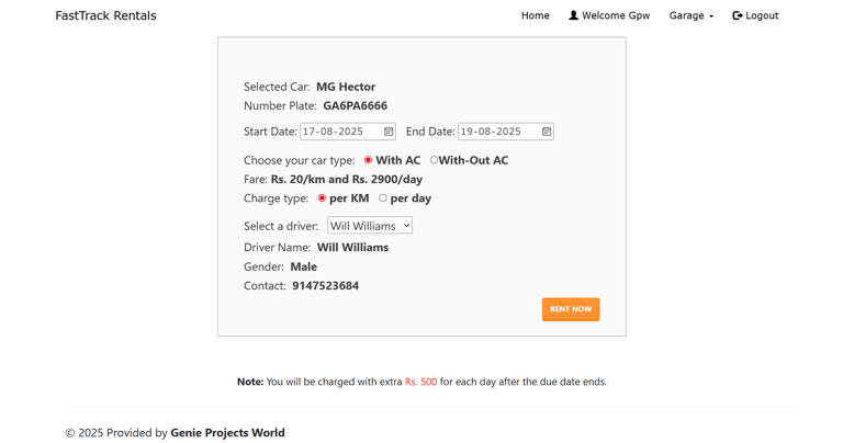 Car Rental Management System - Make Bookings Page