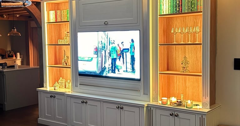 A book case and media unit with sunken flat screen tv