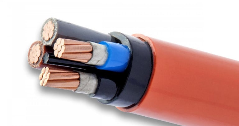 a close up of a close up of a cable with a blue wire and a