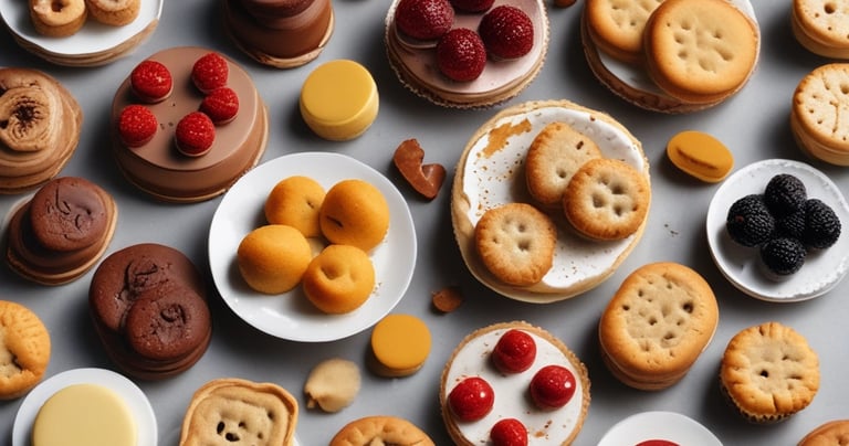 A variety of baked goods are displayed in a glass case. There are round cakes topped with cocoa powder, crescent-shaped pastries with a glazed finish, and other assorted baked treats. Small black signs with white text indicate the names and prices of the items, written in a foreign language.