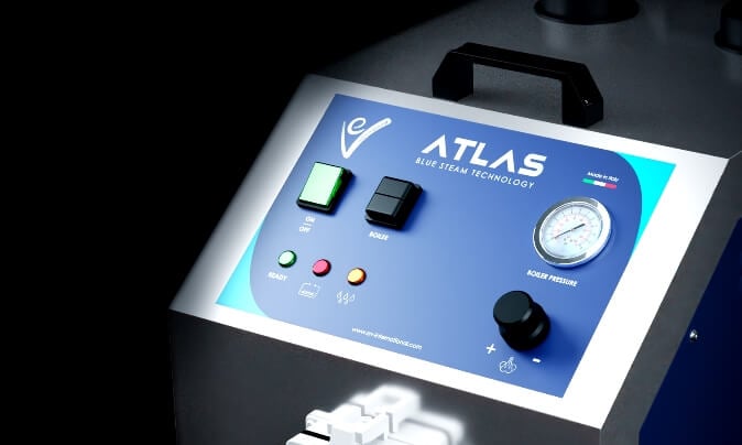 Profesjonalna stacja parowa EV Atlas dla biznesu. System czyszczenia i dezynfekcji suchą parą dla hoteli i autodetailingu.