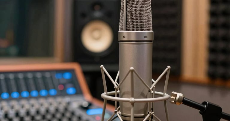 A close-up shot of a high-end music recording studio. A sleek microphone stands in front of sound-absorbing foam, with soft steel blue and orange ambient lighting illuminating a professional mixing console in the background. African / Pan-African context.