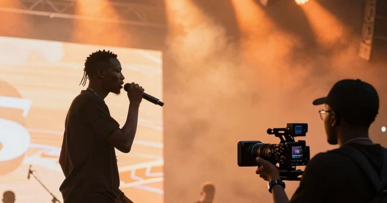 A dynamic shot from the side of a stage at a music festival. A performer is silhouetted against a wall of bright orange stage lights while the camera operator in the foreground focuses the shot. African / Pan-African context.