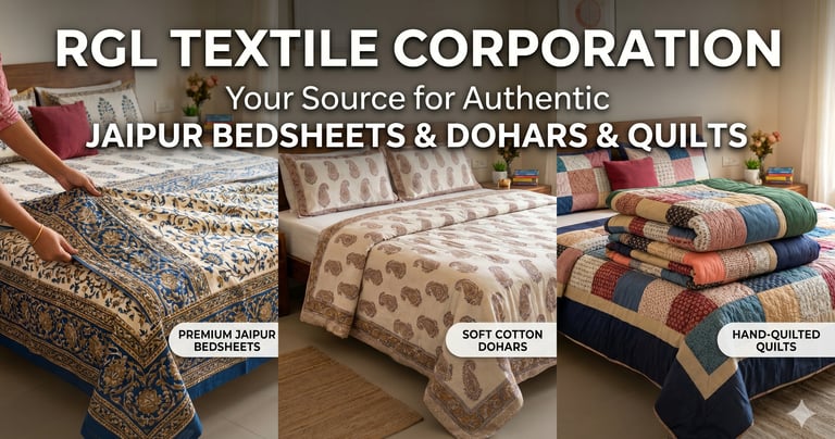 Authentic cotton Jaipur bedsheets, soft dohar blankets, and hand-quilted quilts by RGL Textile Corporation.