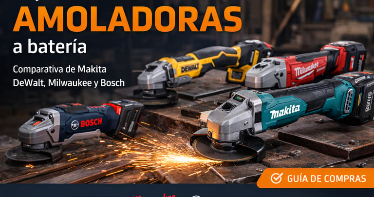 Comparativa de las mejores amoladoras a batería Makita, DeWalt, Milwaukee y Bosch en un taller profesional.