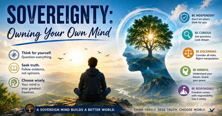 Inspirational graphic about mental sovereignty and critical thinking featuring a man meditating over a mountain landscape.