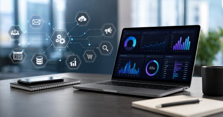 Business data dashboard on a laptop with digital marketing and automation icons on a modern office desk.