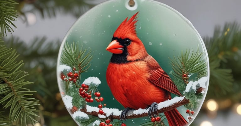 A delicate red cardinal ornament hanging on a Christmas tree with soft glowing lights.