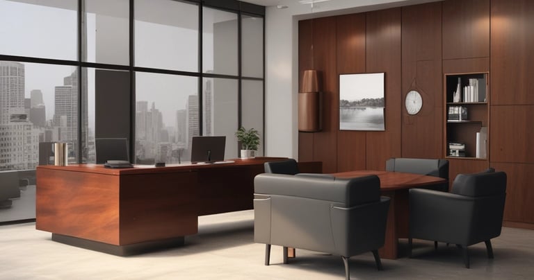 Oficina ejecutiva moderna con escritorio, mesa de reuniones y sillones