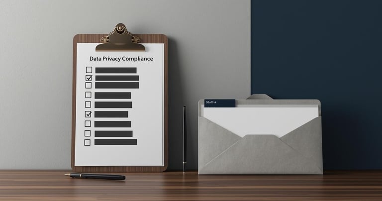 Checklist de privacidad de datos en portapapeles, con sobre gris y pluma.