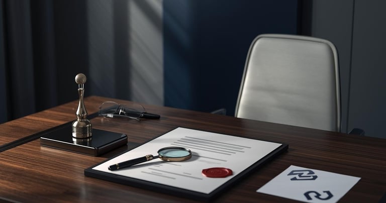 Documento legal con sello de cera roja y lupa sobre escritorio de madera en oficina.