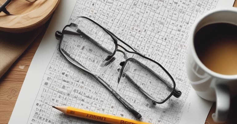create an image with open book with search word puzzles, on the left pencil, glassess, on the right,
