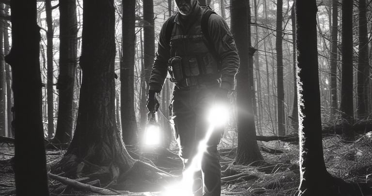 a man walking through a forest with a light shining through the trees