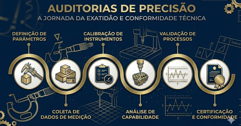 Infográfico de Auditoria de Precisão com fluxo técnico