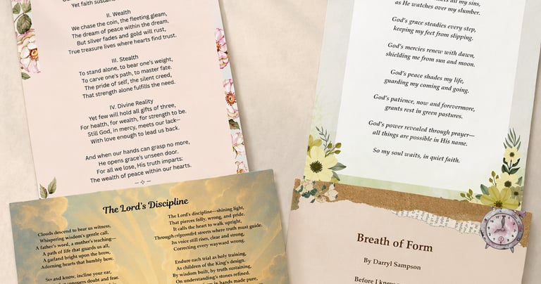 A collection of inspirational Christian poems printed on elegant stationery with floral illustrations and religious themes.