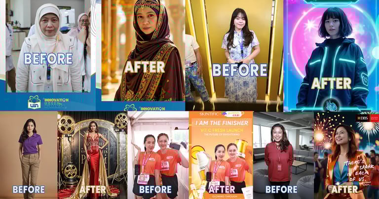 Generative AI photobooth output transforming guests into themed characters or art styles for brand a