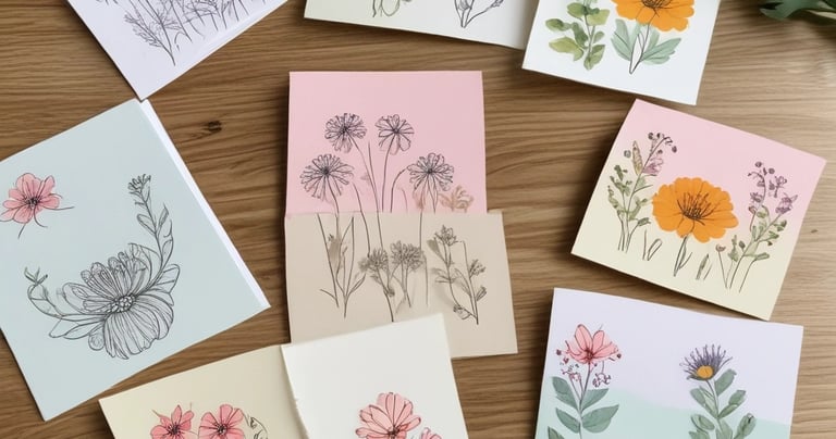 A collection of colorful greeting cards displayed on a wooden surface. The images range from illustrated faces and patterns to birthday messages with playful and humorous designs. Some cards feature people in various poses, while others have drawings like a cactus, a giraffe, and modern art-style illustrations.