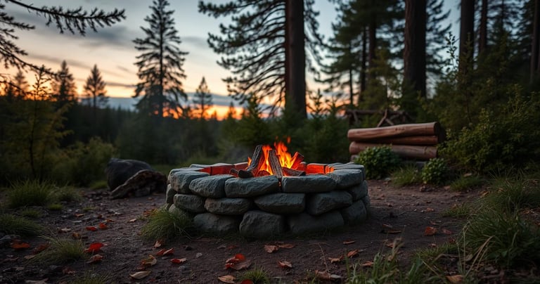 golden flames flickering against a backdrop of towering trees and scattered stones,