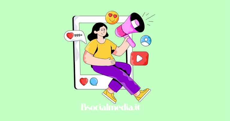 Illustration of a woman with a megaphone and social media icons for digital marketing strategy.