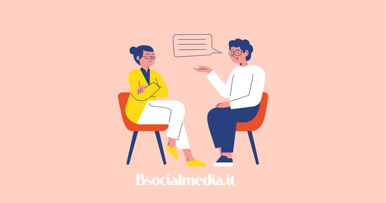 Flat vector illustration of a social media consultation or professional interview between two people.