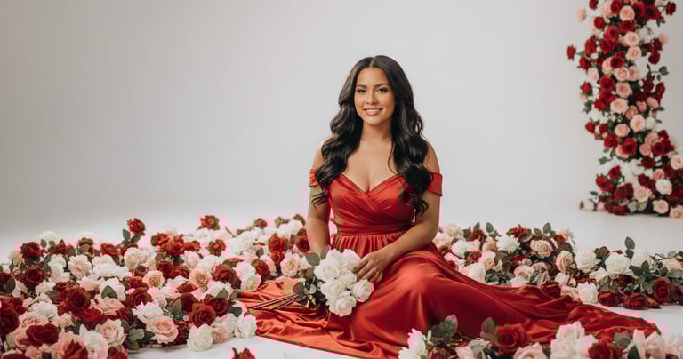 Smiling woman in a red silk dress sitting among a lush field of red and white roses in a studio.