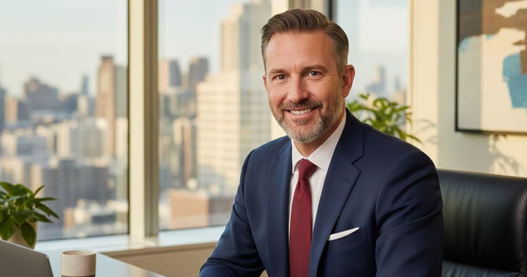 Smiling business executive in a navy suit and red tie sitting at a desk in a high-rise office with a city view.
