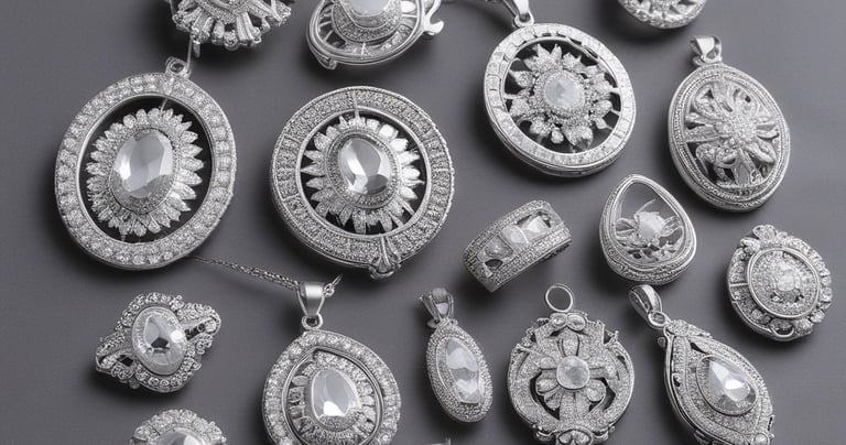 Several chains featuring large, glittering pendants and a bracelet are showcased, all encrusted with sparkling stones. The pendants and the bracelet have a gold hue, with the letters 'SM' prominently displayed on some of the pendants.