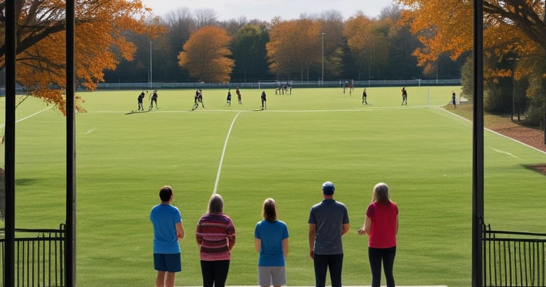 A complex arrangement of various sports equipment and attire, including tennis rackets, soccer balls, basketballs, helmets, shoes, gloves, and a mannequin torso wearing a T-shirt. The items are layered and artistically displayed in a monochrome color scheme, creating an intricate texture and visual pattern.