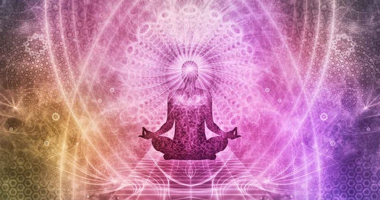 Silhouette of a person meditating in a lotus position surrounded by vibrant, colorful light patterns
