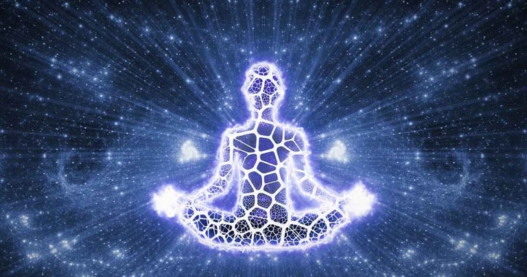 Figure of a person in a meditative pose, with converging glowing lines, a starry, radiant background