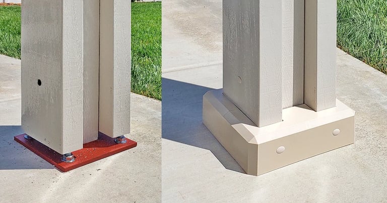AlumaBase shown on Alumawood post to hide hardware.