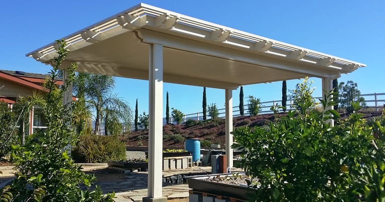 Unique freestanding pergola over fish pond in temecula, California.