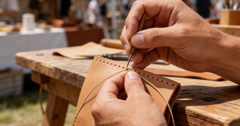 a person is sewinging a leather wallet