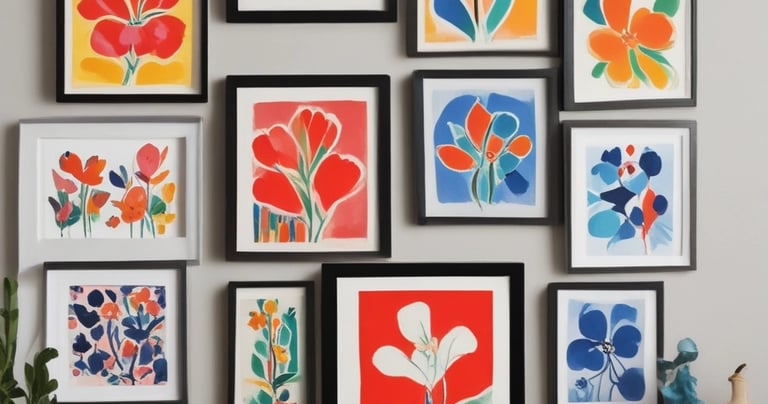 An abstract painting displayed on a wall.