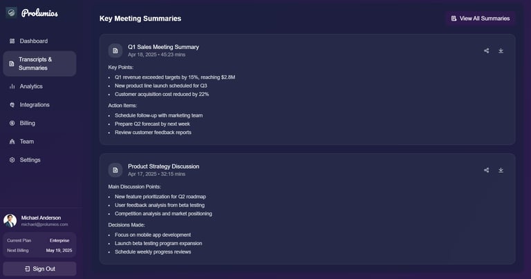 Transcript & Summaries Prolumios Page