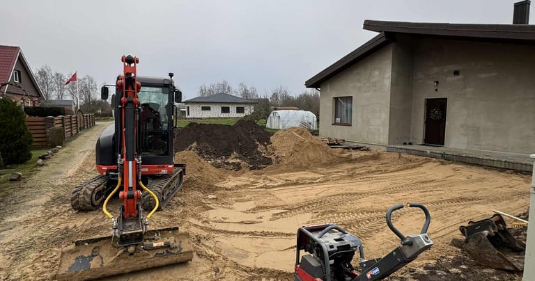 ivaziavimo irengimas, grunto sutankinimas, smelio tankinimas, skalda