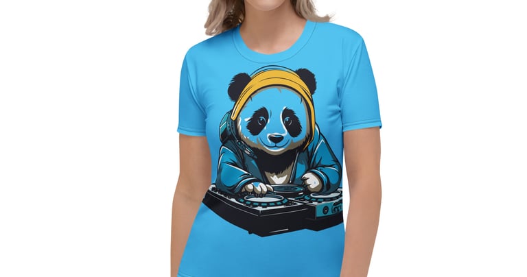 woman wearing tee with Dj Panda graphic front view
