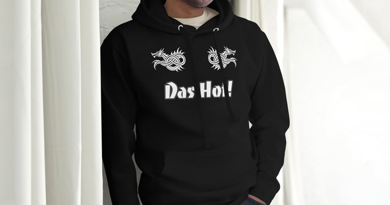Teenager wearing black hoodie Das Hot! with two Dragons front view